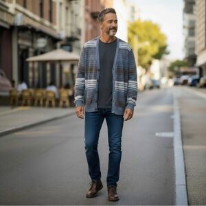 French Connection Blue and Gray Wool/Cotton Cardigan Size XL